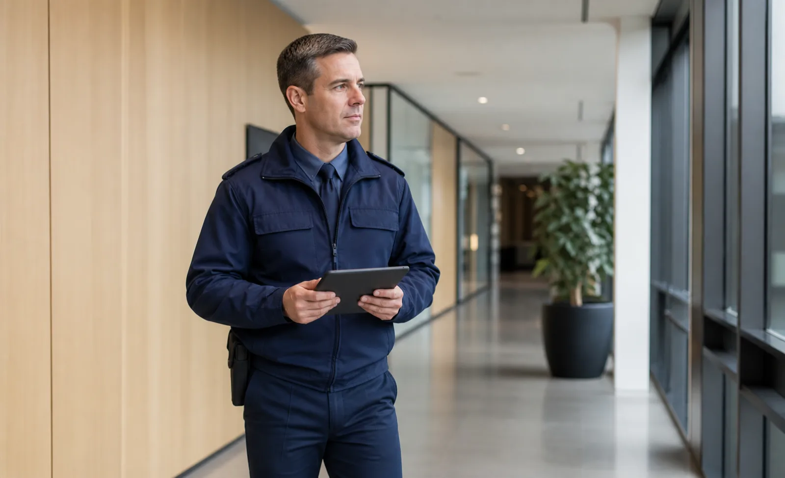 Agent de sécurité en ronde avec une tablette de contrôle